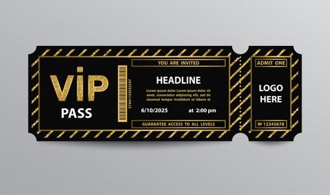 Stub vip pass ticket stub with glitterin... | Premium Vector #Freepik #vector #line #ticket #luxury #coupon Vip Pass Design, Golden Ticket Template, Cinema Party, Event Entrance, Admit One Ticket, Cinema Design, Vip Card, Vip Pass, Ticket Stub