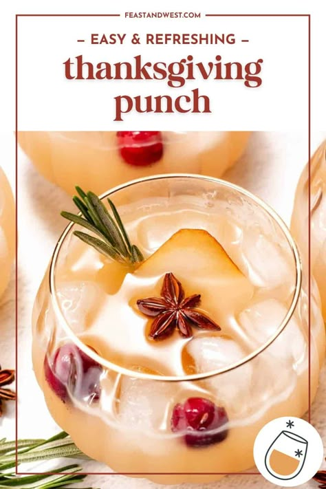 This delicious Pear Thanksgiving Punch is a cozy yet light and refreshing option for the holidays! Mix up a batch for your next gathering. Pomegranate Pear Punch, Thanksgiving Beverages Non Alcoholic, Thanksgiving Alcoholic Punch, Thanksgiving Punch With Alcohol, Thanksgiving Punch Non Alcoholic, Thanksgiving Punch Recipes, Thanksgiving Alcohol, Pear Punch, Harvest Punch