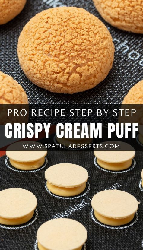 Try my Pro recipe that explains step by step how to make Crispy cream puff (choux au craquelin). There are different kinds of choux pastry; eclairs, cream puff, profiterol but the queen of all is choux au craquelin. Cream puff with and extra velvety craquelin layer on top that brings flavour as well as crunchiness and takes your bakes to the next level. In my recipe I will take your through step by step how to make professional looking perfect choux pastry every time. Crispy Cream Puffs, Cream Puff With Craquelin, Cream Puff Craquelin, Crunchy Cream Puff, Cream Puffs With Craquelin, Craquelin Cream Puff, Crème Puffs, Christmas Cream Puffs, Fancy Pastry