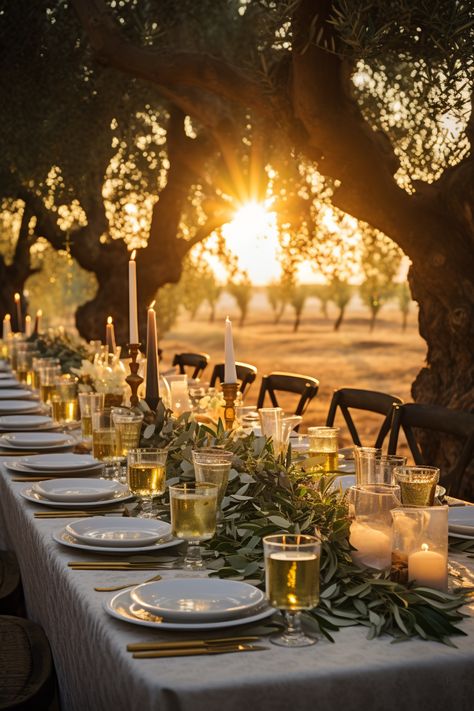 A wedding in Italy among the timeless olive trees. In a land abounding with wine and olive oil, where the light of the setting sun turns everything it touches into gold. In this setting, the bride and groom say ‚I do’ to each other, for the rest of their lives. This version was created with the help of AI, but with a dedicated wedding planner like Bartos, your dream becomes a tangible reality. Contact Bartos, your trusted wedding planner, at italwedd@gmail.com. Fall Tuscan Wedding, Olive Tree Wedding Decor, Rustic Italian Wedding, Destination Wedding Italy, Wedding In Italy, Tuscan Wedding, Dream Wedding Venues, Outdoor Dinner, European Wedding