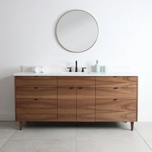 Walnut Bathroom Vanity, Brown Countertop, Walnut Bathroom, 72 Vanity, Walnut Vanity, Melamine Cabinets, Grey Drawers, Black Vanity Bathroom, Ceramic Undermount Sink