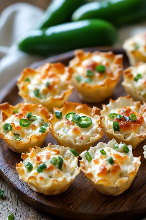 Pimento Cheese Phyllo Cups, Quiche In Phyllo Cups, Sausage Phyllo Cup Appetizers, Fillo Shell Appetizers, Taco Bites In Phyllo Cups, Jalapeño Popper Cups, Phyllo Cup Recipes Appetizers, Jalapeño Wonton Cups, Jalapeno Popper Puff Pastry