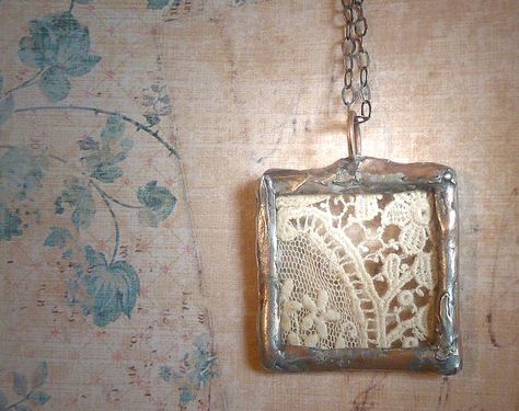 Vintage French Lace Handmade Glass Pendant with Oxidized Sterling Silver Necklace Frame Necklace, Soldering Jewelry, Lace Necklace, Lace Jewelry, French Lace, Jewelry Trends, Glass Pendants, French Antiques, Making Ideas