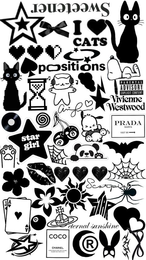 Sticker Art Black And White, Sticker Ideas Black And White, Aesthetic Things To Print, Black And White Aesthetic Stickers, Cute Stickers Black And White, Bedroom Y2k, Y2k Prints, Kertas A4, Black And White Y2k