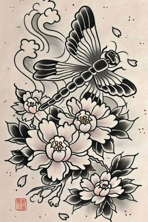 Tattoo idea: tattoo sketch A stylized representation of a dragonfly 3 Japanese Dragonfly Tattoo, Symmetrical Tattoo, Japanese Flower Tattoo, Tattoo Japanese, Idea Tattoo, New Tattoo Designs, 3 Tattoo, Traditional Japanese Tattoos, Japanese Flower