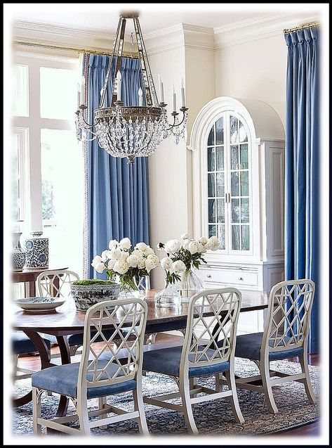 Walker Edison Rustic Farmhouse Wood Distressed Dining Room Kitchen Bench Armless Kitchen Table Set Dining Chairs, 60 Inch, 3 Blue And White Dining Room, Dining Room Curtains, Dining Room Blue, Blue White Decor, Tuscan House, White Dining Room, Blue Curtains, Tuscan Decorating, Elegant Dining Room