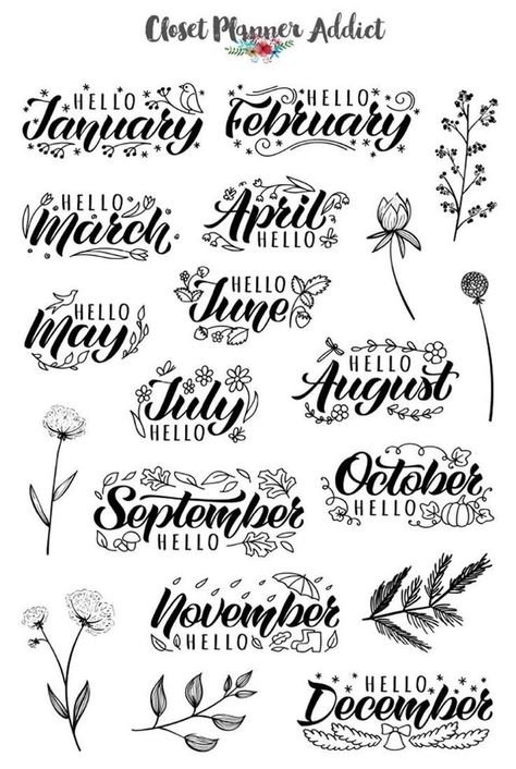 Months Planner, Brush Lettering Quotes, Doodle Stickers, طابع بريدي, Floral Doodle, Bullet Journal Design Ideas, Bullet Journal Writing, Bullet Journal Lettering Ideas, Types Of Lettering