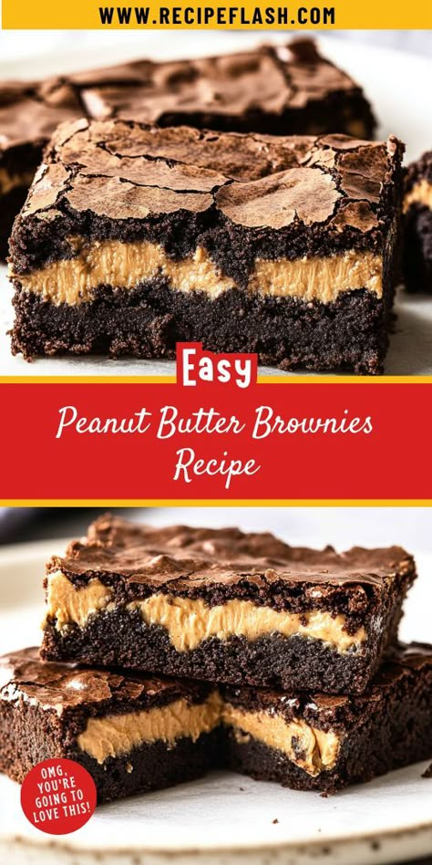 Whip up a batch of these irresistible Peanut Butter Brownies for a delicious dessert treat! Rich, fudgy, and swirled with creamy peanut butter, they're the perfect balance of flavors. Great for celebrations or as a special snack, these brownies will leave everyone wanting more. Enjoy your baking adventure! Desserts With Peanut Butter And Chocolate, Easy Yummy Brownie Recipe, Peanut Butter Filling For Brownies, Pb And Chocolate Desserts, Peanut Butter Dessert For One, Desserts Made With Peanut Butter, Chewy Peanut Butter Brownies, Scratch Brownies Homemade, Peanut Butter Desserts Recipes