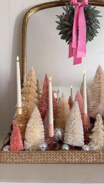 Decorating Bottles For Christmas, Bristle Brush Christmas Tree Decor, Pink Christmas Table Centerpieces, Christmas Decor Ideas Table Top, Christmas Decor Ideas Girly, Brush Christmas Tree Decor, Bottle Brush Tree Village, Bottle Brush Christmas Trees Diy, Christmas Bottle Brush Tree Display