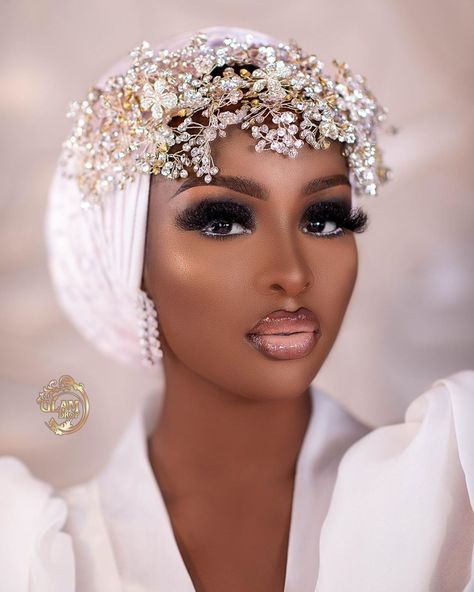 Hey bride-to-be, we heard your wedding Nikkai ceremony is coming up. No worries we found you the perfect look by Glam Drop Bridal Turban, Black Bridal Makeup, African Bride, Black Bridal, Black Bride, Bridal Makeup Looks, Bella Naija Weddings, Bride Makeup, Bridal Hair And Makeup