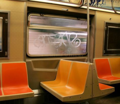 Subway Ride. Empty yellow and orange bucket seats inside a New York City subway , #AFFILIATE, #orange, #bucket, #seats, #yellow, #Subway #ad New York Subway Illustration, Subway Seats, Subway Train Interior, Spotify Playlists Aesthetic, Playlists Aesthetic, Purse Painting, Subway Car, Red Song, New York City Subway