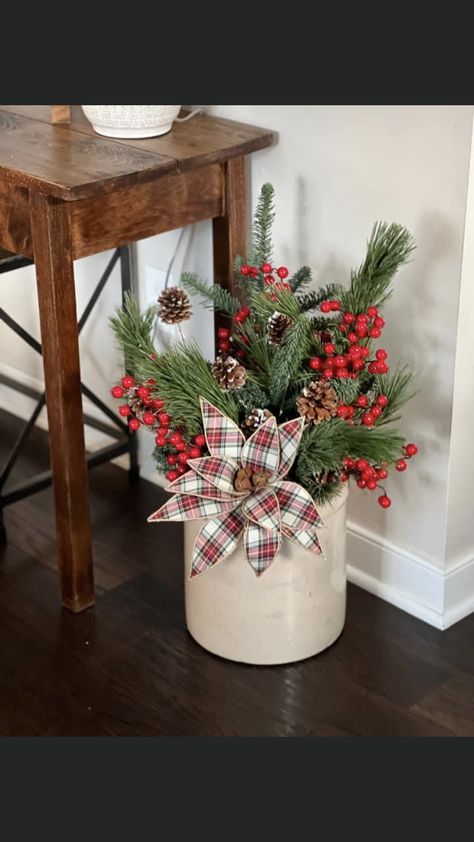 Crock Christmas Decorations, Antique Crock Christmas Decor, Crock Christmas Decorating Ideas, Antique Crocks Decor Ideas Front Porches, Old Crocks Christmas Decor Ideas, Vintage Crock Decorating Ideas, Crock Arrangements, Crock Display Ideas, Crock Ideas Decor