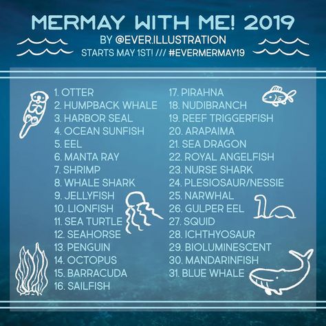 Emily Verbeten on Instagram: “Hey all! I decided to throw a #mermay2019 prompt list out there in case you want to join me in what I'll be attempting to draw this…” Printer Crafts, Inktober Prompts, Nurse Drawing, Sketchbook Prompts, 30 Day Art Challenge, Art Journal Challenge, Ocean Drawing, Sketchbook Challenge, Prompt List