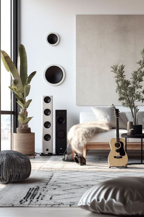 Bright Colors | Fancy Sound System | Stylish Guitar | Harmonize your Home Hifi Room, Room Concept, Moroccan Living Room, Japandi Design, Audio Room, Home Studio Music, Music Decor, London Design, Living Room Inspo