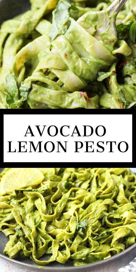 Craving pesto, but don't have any nuts?? This Avocado Lemon Pesto is for you! It's light, refreshing, and full of flavor. Plus it takes about 5 minutes to make, and it's so versatile! Add it to your favorite gluten-free pasta, use it as a sauce on top of grilled chicken or steak, or for a Whole30 option - toss it with vegetables! Pesto Avocado Sauce, Lemon Avocado Pasta, Keto Pesto Pasta, Avacodo Recipe Idea Pasta, Gluten Free Pesto Recipes, Vegan Gluten Free Pasta Sauce, Healthy Avocado Dinner Recipes, Avocado Pasta Sauce Recipes, Pasta And Avocado Recipe