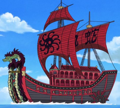 Perfume Yuda[1] is the ship of the Kuja Pirates. The Perfume Yuda is a giant red ship, resembling a Junk. The front have two Yuda harnessed, allowing them to move through the Calm Belt with ease. The ship has paddle wheels at the rear, a cabin with the architecture resembling those from ancient China, the front sail with the crew's Jolly Roger and the back sail with the kanji for "Kuja". The Perfume Yuda was taken to the Calm Belt so Boa Hancock could meet up with Vice Admiral Momonga. Here, ... Kuja Pirates, Blackbeard One Piece, One Piece Pirates, Pirates Ship, Pirate Ship Tattoo, Anime Pirate, One Piece Movies, Sabo One Piece, One Piece World