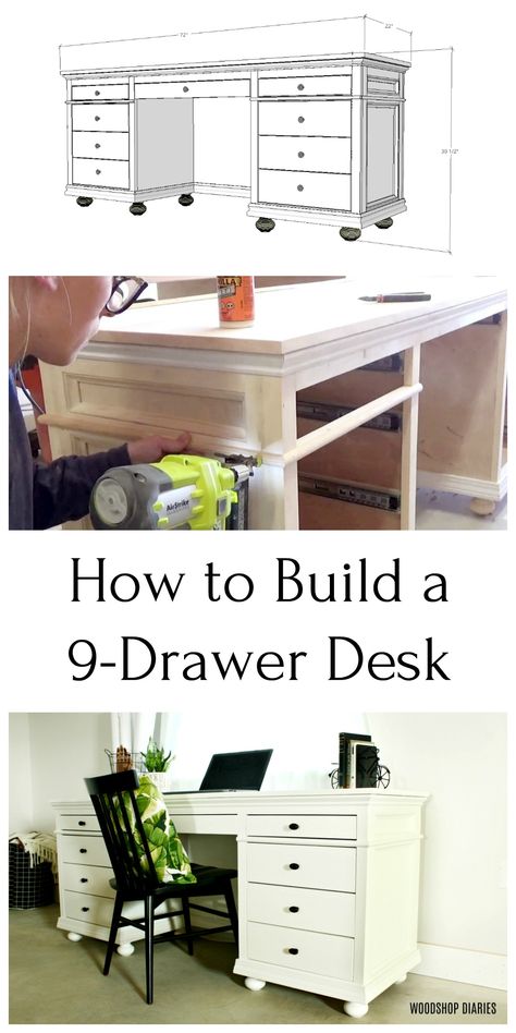 Can you believe this 9-drawer home office desk was a DIY project?  Build your own professional looking 9-drawer DIY storage desk with these plans!  This plan walks you through the build process with detailed instructions.  Perfect project for your home office! Diy Desk Plans With Drawers, Diy Executive Desk Plans, Diy Computer Desk Plans, How To Build A Desk With Drawers, Diy Desk Ideas With Storage, Diy Desk Drawers, Diy Desk With Drawers, Desk Building Plans, Desk Plans Diy