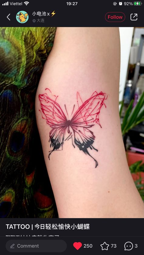 Black Tattoo With Red Accents, Red And Black Butterfly Tattoo, Colorful Butterfly Tattoo, Mandala Hand Tattoos, Hand And Finger Tattoos, Butterfly Tattoos For Women, Ribbon Tattoos, Fantasy Tattoos, Writing Tattoos