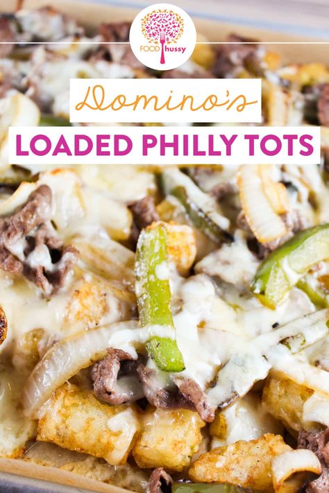 Philly Cheese Steak Loaded Tots, Tater Tot Loaded, Philly Cheese Steak Tater Tots, Dominos Loaded Tots, Loaded Tator Tots Recipes, Loaded Tater Tots Recipes Ground Beef, Tator Tots Recipes, Loaded Tots Recipes, Keto Tots