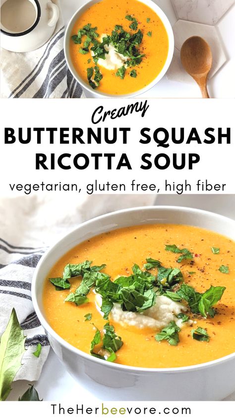 Butternut Squash Ricotta Soup Recipe (Vegetarian, Gluten Free) Butternut Squash And Ricotta Recipes, Soup With Ricotta Cheese, Ricotta Soup Recipes, Ricotta Soup, Butternut Squash Ricotta, Soup Recipe Vegetarian, Butternut Squash Side Dish, Recipe Using Ricotta, Vegetarian Meat