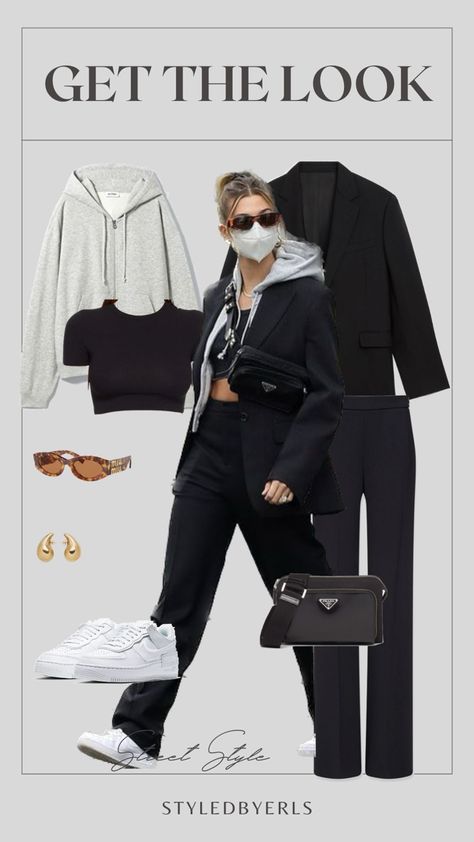 outfit details: Black structured blazer, grey hoodie, black crop top, black high waisted trousers, white classic airforces and PRADA crossbody with gold earrings and turtle shell sunglasses Chic Streetwear, Shell Sunglasses, Structured Blazer, Casual Date Night, Turtle Shell, Black Crop Top, Casual Date, Prada Crossbody, Versatile Outfits