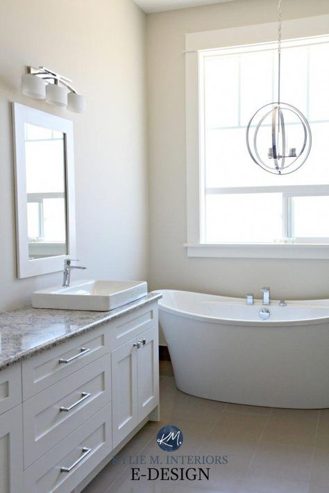 Sherwin Williams Aesthetic White, best off-white paint colour. Bathroom with Quartz Cambria Wellington, free-standing white tub. Kylie M INteriors Edesign #whitebathroom Off White Bathroom, Colour Bathroom, Williams Aesthetic, Kylie M Interiors, Off White Paint Colors, White Bathroom Paint, Beige Paint Colors, Sherwin Williams White, White Tub