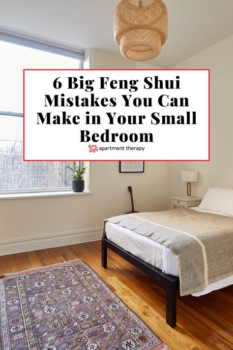 How do you get atmosphere just right in your small bedroom? Or rather, what shouldn't you do if you want to achieve that exceptional chi? I tapped two feng shui savants to share what you should never, ever do in your petite place, plus what to do instead. Rent Shui Bedroom, Designing A Small Bedroom, Apartment Bedroom Arrangement Ideas, Small Bedroom One Nightstand, Feng Shui Bedroom Aesthetic, Small Bedroom Ideas Feng Shui, Bedroom Feng Shui Decoration, Small Bedroom Fung Shway, Fend Shui Bedroom