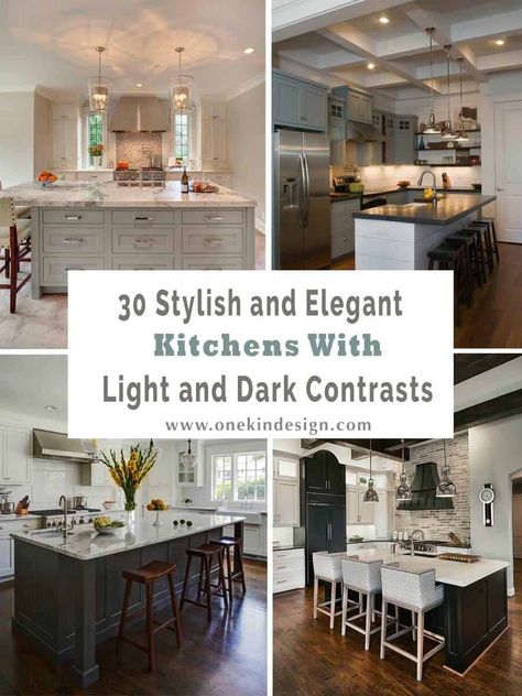 30 Stylish and elegant kitchens with light and dark contrasts Light Upper Cabinets Dark Lower, Paint Colors With Dark Cabinets, Kitchen Paint Colors With Dark Cabinets, Dark Lower Cabinets Light Upper, Contrast Kitchen, Dark Lower Cabinets, Dark Kitchen Floors, Inspiring Kitchens, Light Kitchen Cabinets