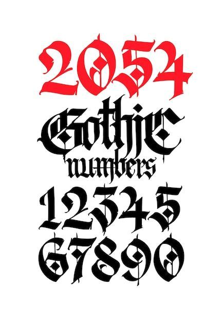 Download this Premium Vector about Figures in the gothic style, and discover more than 140 Million Professional Graphic Resources on Freepik. #freepik #vector #tattoo #retroalphabet #gothic Cool Font Numbers, Victorian Numbers, Gothic Numbers Font, Gothic Calligraphy Alphabet, Cool Number Fonts, Tattoo Numero, Gothic Numbers, Letter G Tattoo, Calligraphy Numbers