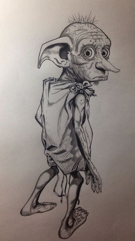 Dobby Drawing, Harry Potter Sketch, Harry Potter Dobby, Harry Potter Art Drawings, Dobby Harry Potter, Harry Potter Drawings, Art Drawings Sketches Pencil, Desenho Tattoo, Dark Art Drawings