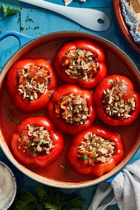 Healthy Armenian Stuffed Red Peppers (Dolma) Stuffed Red Peppers, Spiced Lamb, Armenian Recipes, Weekend Meals, Casual Dining Restaurant, Lamb Recipes, Arabic Food, Bell Peppers, Cooking Meat