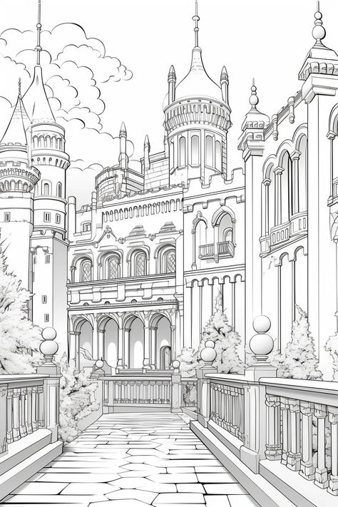 Castle Colouring Pages, Town Coloring Pages, Palace Drawing, Mansion Drawing, City Coloring Pages, Mansion Coloring Pages, Cityscape Coloring Pages, Scene Princess, Coloring Sheets For Adults