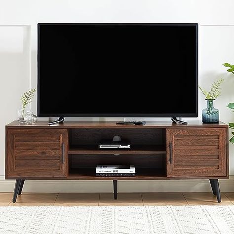 EDYO LIVING 21" H Modern TV Stand, Mid Century Style with Storage Cabinet and Open Shelf for Televisions up to 65", 59”Wx15.5”Dx21”H, Dark Walnut Vintage Media Console, Slatted Cabinet, Tv Stand Mid Century, Walnut Tv Stand, Wooden Tv Stand, 65 Inch Tv, Modern Media Console, Mid Century Modern Tv Stand, Wood Entertainment Center