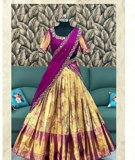 Simple Maggam Work Blouse Designs For Half Saree, Lehenga With Pattu Saree, Half Saree With Pattu Saree, Pattu Lehangas Designs, Pattu Lehanga Voni Designs Latest, Leganha Designs Pattu, Kanchipattu Half Sarees, Latest Pattu Lehangas, Blouse Designs For Pattu Lehenga