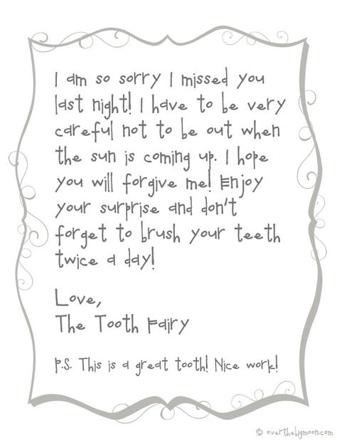 Forgettful tooth fairy free printable note | Over The Big Moon Tooth Fairy Letter Template, Fairy Letters, Tooth Fairy Note, Boy Tooth Fairy, Tooth Fairy Receipt, Tooth Fairy Kit, Tooth Fairy Certificate, Tooth Fairy Doors, Tooth Fairy Gifts