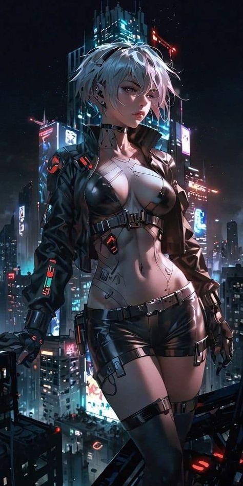 Cyberpunk Woman Art, Skyscraper Rooftop, Spy Suit, Cyberpunk Fashion Women, Female Cyberpunk, Cyberpunk Cities, Future Cyberpunk, Cyberpunk Women, Cyberpunk Character Art