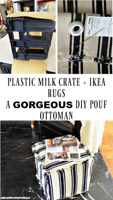 Ikea Hack - DIY Pouf from Rugs Pouf Ottoman Diy, Plastic Milk Crate, Diy Footstool, Ottoman Diy, Diy Pouf, Outdoor Footstool, Diy Rugs, Ikea Rug, Diy Ottoman