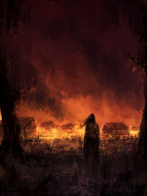 Burning Village Aesthetic, House On Fire Painting, Fire Fantasy Aesthetic, Messiah Aesthetic, Village On Fire, Hostage Aesthetic, Fire Landscape, Fire Artwork, Sabrina Carpenter Aesthetic