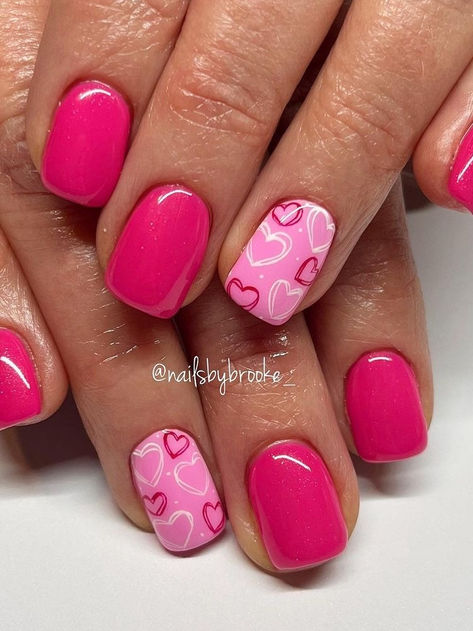 cute heart nails: pink hearts accent Cute Heart Nails, Valentines Nail Art, Valentines Nail Art Designs, Valentines Nail, Heart Nail Designs, Valentine Nail Art, February Nails, Heart Nail Art, Trendy Nail Art Designs