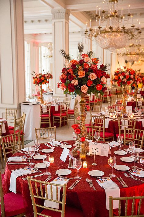 Red Gold Wedding Decorations, Red And Gold Quinceanera Decorations, Red Quinceanera Theme, Red Wedding Receptions, Quinceanera Venue, Red And Gold Quince, Red Quinceanera Ideas, Wedding Decorations Diy Centerpiece, Homecoming Decorations