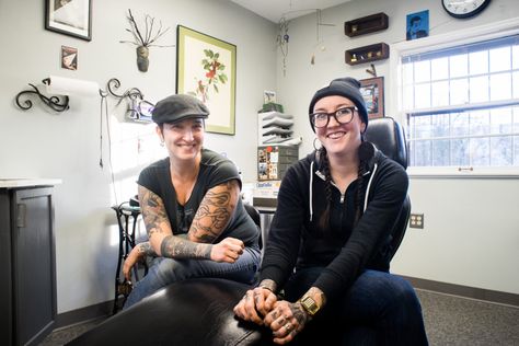 Tattoo artists and founders of Tailorbird Tattoo Ariel Cafarelli (left) and Alli Shelly (right). Photo by Annabelle Marcovici. Minneapolis Tattoo, Daily Planet, Toxic Masculinity, Tattoo Parlor, Pinky Swear, Tattoo Parlors, Business Partner, Twin Cities, Minneapolis