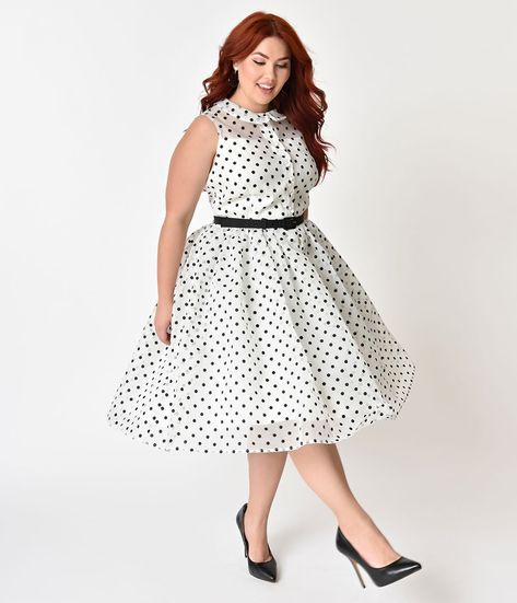 Unique Vintage Plus Size 1950s Style White & Black Dotted Organza Georgia Swing Dress Evening Clothes, Gala Ideas, Plus Size Vintage Dresses, Vintage Fashion 1950s, Big Size Dress, Dramatic Classic, Vintage Plus Size, Fashion 1950s, 1950s Style