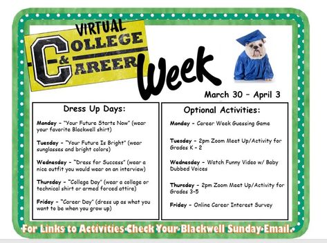 Virtual College and Career Week | Lisakingcounselor.com College And Career Day Spirit Week, Elementary College And Career Week, College Week Ideas For Elementary, College And Career Readiness Elementary Activities, College Week Ideas High School, College And Career Readiness High School Activities, College Spirit Week Ideas, College And Career Readiness Elementary, College Application Week Activities