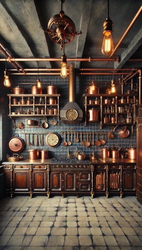 17+ Amazing Steampunk Decor Ideas to Upgrade Any Space ⚙️ Steampunk Kitchen Cabinets, Steam Punk Kitchen, Steampunk Dining Room, Steampunk Decor Ideas, Steampunk House Interiors, Large Wooden Desk, Steampunk Office, Gothic Victorian House, Steampunk Kitchen