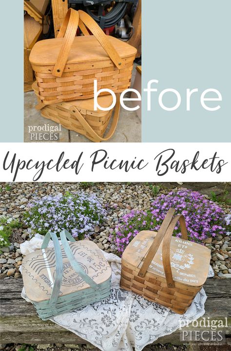 Dynamic Duo! These two vintage baskets are ready for a makeover. Upcycled Picnic Basket are fun. Come see at Prodigal Pieces | prodigalpieces.com #prodigalpieces #farmhouse #picnic #basket #home Picnic Basket Repurpose Ideas, Picnic Basket Upcycle Ideas, Diy Picnic Basket Ideas, Basket Upcycle Ideas, Basket Repurpose Ideas, Painted Baskets Ideas, Picnic Basket Makeover, Painted Picnic Basket, Retro Paintings Ideas