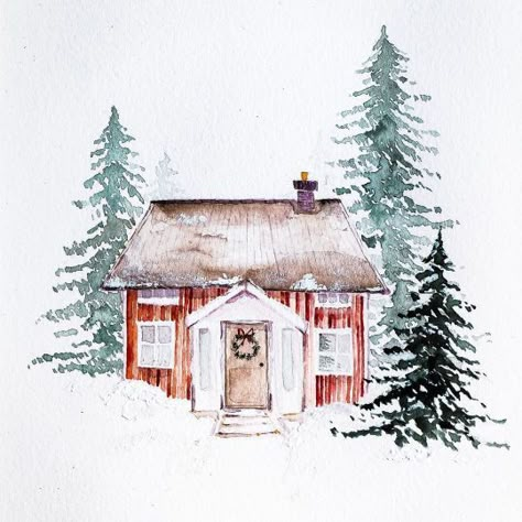 Watercolor House Painting, Learn Watercolor Painting, Cabin Cottage, Watercolor Paintings For Beginners, Winter Watercolor, Christmas Card Art, Watercolor Projects, Watercolor Christmas Cards, Christmas Drawing