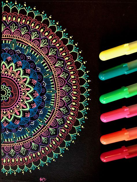 Gelly roll pen art. Mandala on black paper. Colorful Mandala design. Neon Pen Drawings, Neon Pen Art On Black Paper, Neon Pens On Black Paper, Gel Pen Mandala, Mandala Art Black Paper, Gel Pen Black Paper, Gel Pens On Black Paper, Mandala Art With Colour Pens, Gelly Roll Pens Ideas