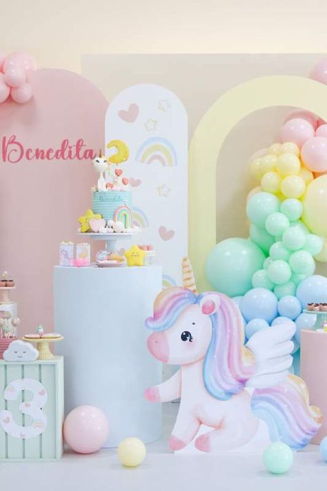 Take a look at this magical unicorn birthday party! The dessert table is so pretty!! See more party ideas and share yours at CatchMyParty.com Birthday Decoration Unicorn Theme, Unicorn Birthday Party Pastel Colors, Pastel Rainbow And Unicorn Party, Unicorn Birthday Party Decorations Decor, Unicorn Theme Birthday Decoration, Unicorn Cake Table Decor, Unicorn Theme Balloon Decoration, Unicorn Table Decorations, Unicorn Birthday Ideas