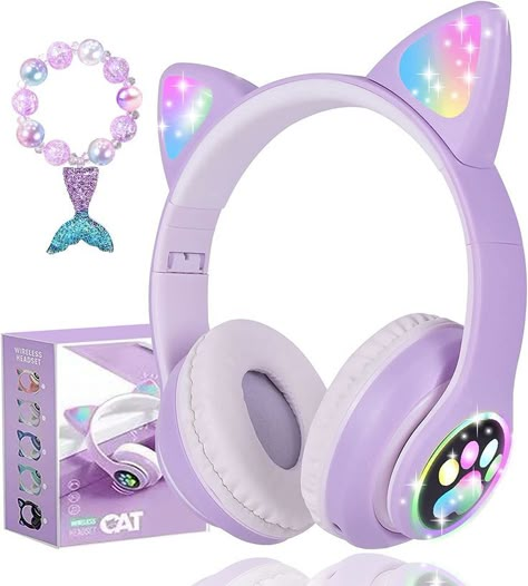 Wireless Cat Ear Headphones for Kids, LED Light Up Kids Girls Bluetooth Headphones with Microphone Bluetooth Headphones for Kids: Connect any device including smartphones, tablets, and computers to wirelessly stream high quality, kid-friendly stereo sound for entertainment and/or education. Listen to music. Custom Fit: Comfortable headphones feature an adjustable headband and soft ear cushions to provide a custom fit when using these foldable headphones Birthday Surprise Kids, Cat Headphones, Christmas Purple, Logo Online Shop, Kids Jewelry Box, Cute Headphones, School Bag Essentials, Kids Toys For Boys