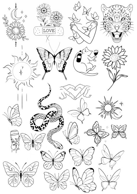 Butterfly Flash Sheet, Flash Tattoo Sleeve, Simple Unique Tattoos, Bee Sketch, Sticker Sleeve, Butterfly Tattoo Stencil, Learn To Tattoo, Printable Tattoos, Basic Tattoos